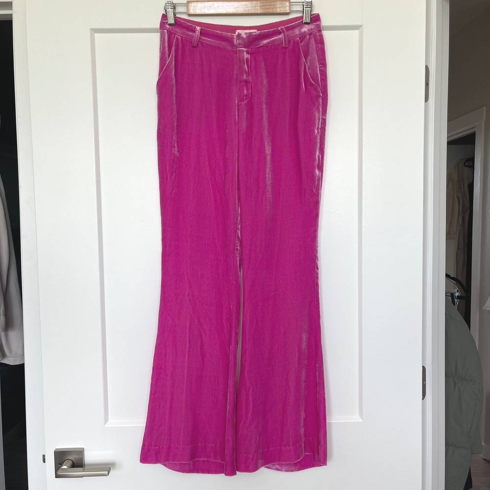 L'Agence Lane Flared‎ Trouser 2 Hot Pink Silk Blend Velvet Wide Leg French Chic - Picture 3 of 14